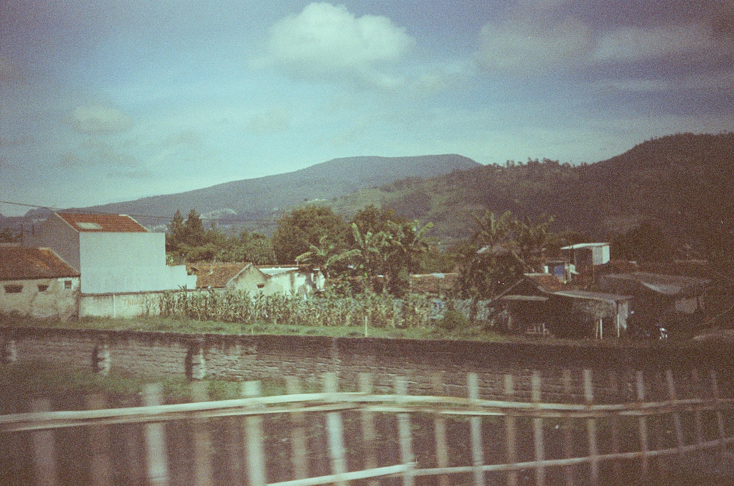 Analog film photograph — hazy countryside, shot on 35mm